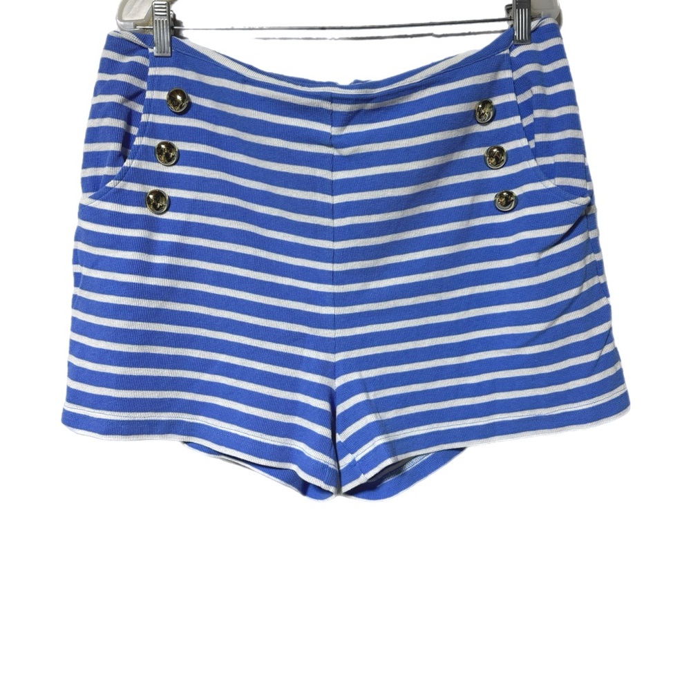 STS Sail To Sable Blue & White Striped High Waisted Knit Sailor Button Shorts L